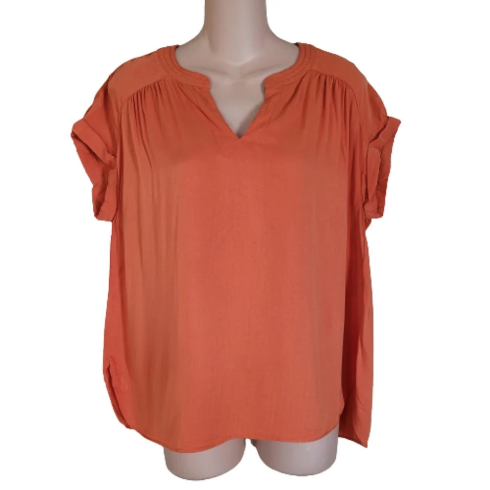 Rose+Olive Orange V-Neck Blouse Top With Cuffed Sleeves Size Women's Medium